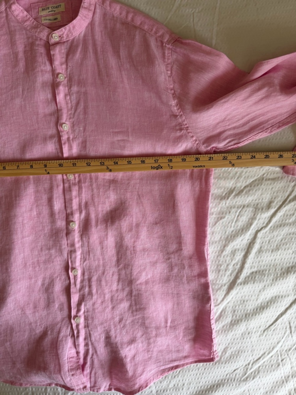 Blue coast 100% linen Men's Pink mandarin Collar shirt - Picture 7 of 8